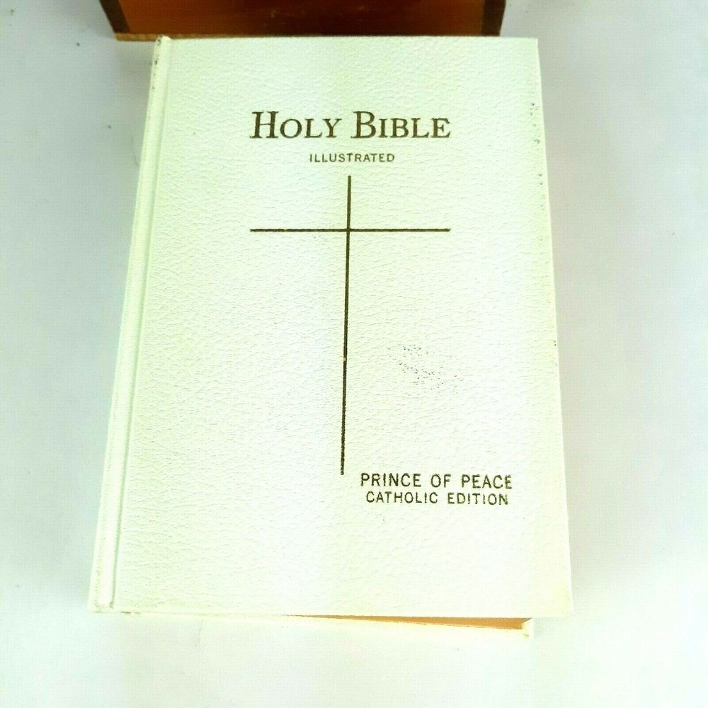 Holy Bible Book White Leather Wooden Pine Box Case